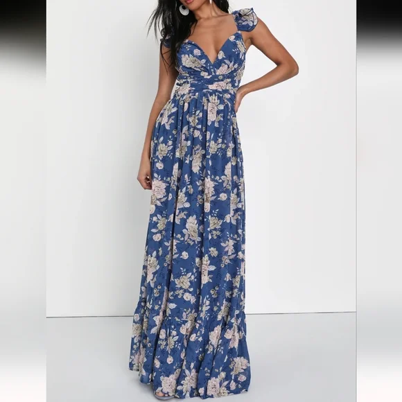 NWT Lulus Soiree Celebration Floral Ruffled Lace-Up Maxi Dress Size Lg Blue - Picture 1 of 14